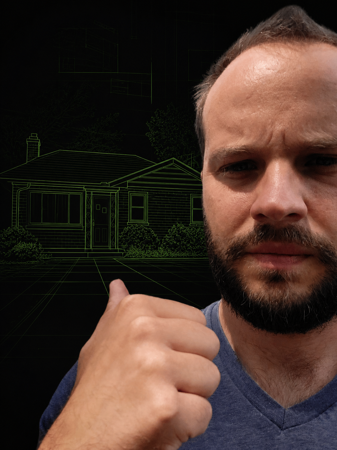 Alex Craig, founder of We Buy Lansing, with a branded Lansing house background