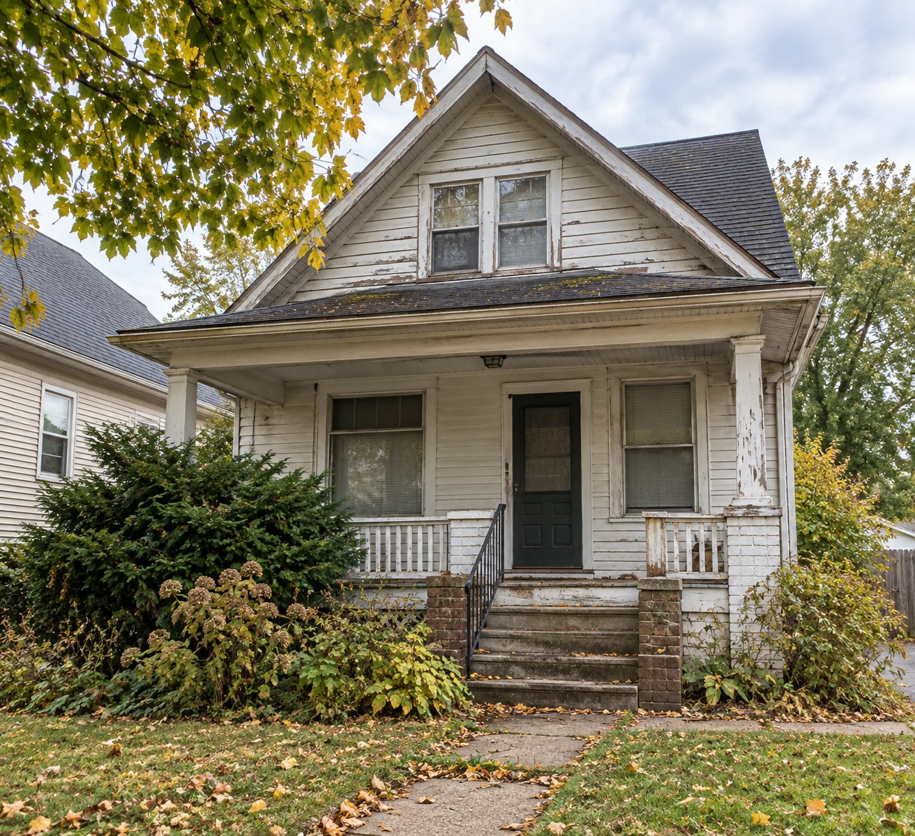 Older Lansing-style house with peeling paint and deferred maintenance