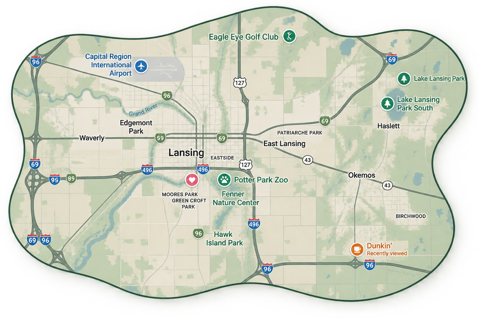 Map of Lansing and nearby Greater Lansing communities