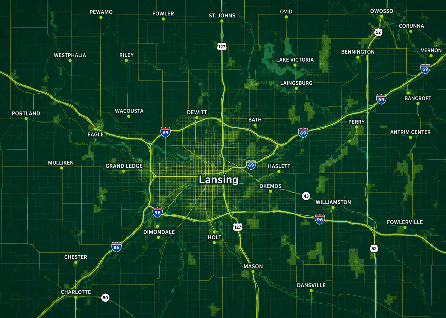 Map of the We Buy Lansing service area including Lansing, East Lansing, Grand Ledge, DeWitt, Bath, Okemos, Holt, Mason, Williamston, St. Johns, Owosso, and Charlotte.